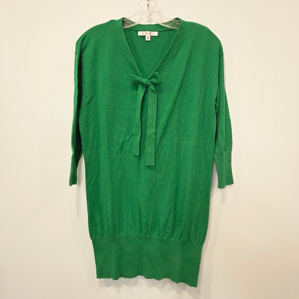 Cabi Green Cotton knit sweater 3/4 Sleeve Size Small Style #882 Tunic Bow